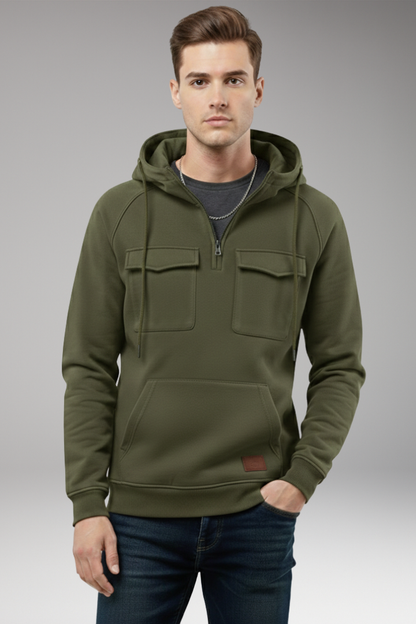 Men's Hooded Sweatshirt Half Zip Chest Pocket