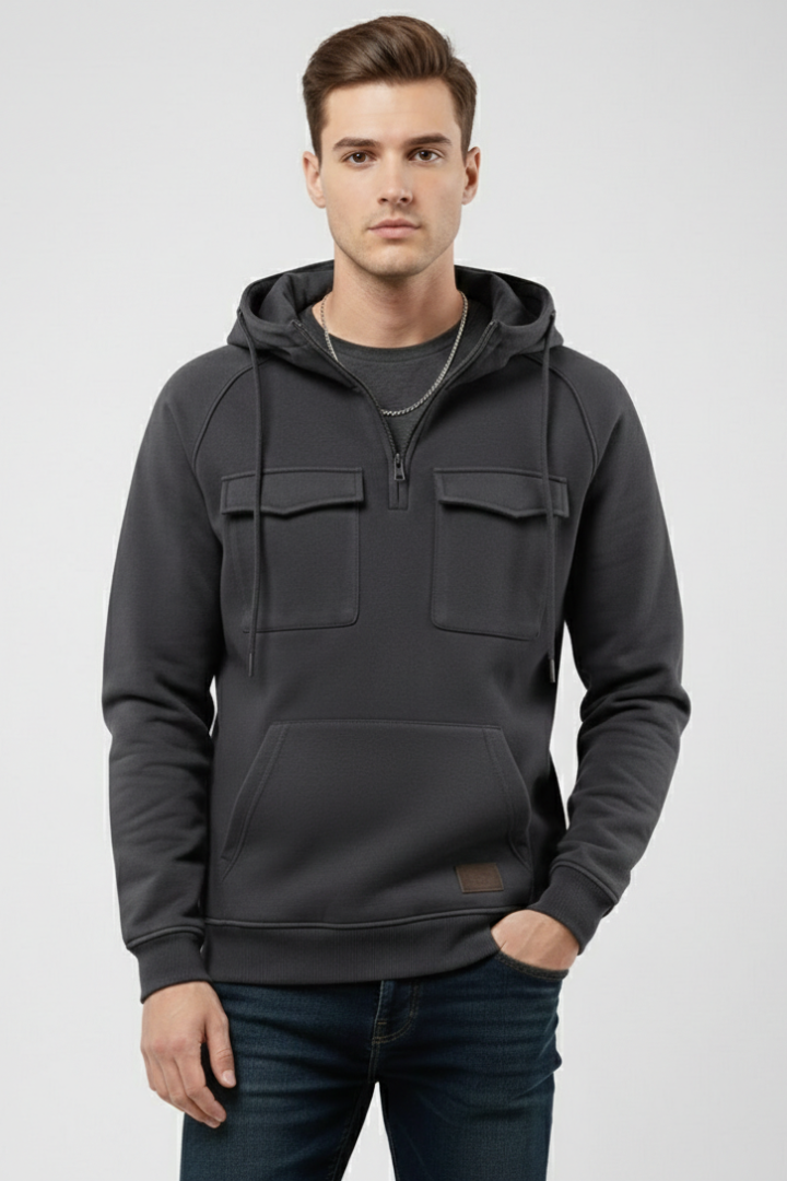 Men's Hooded Sweatshirt Half Zip Chest Pocket