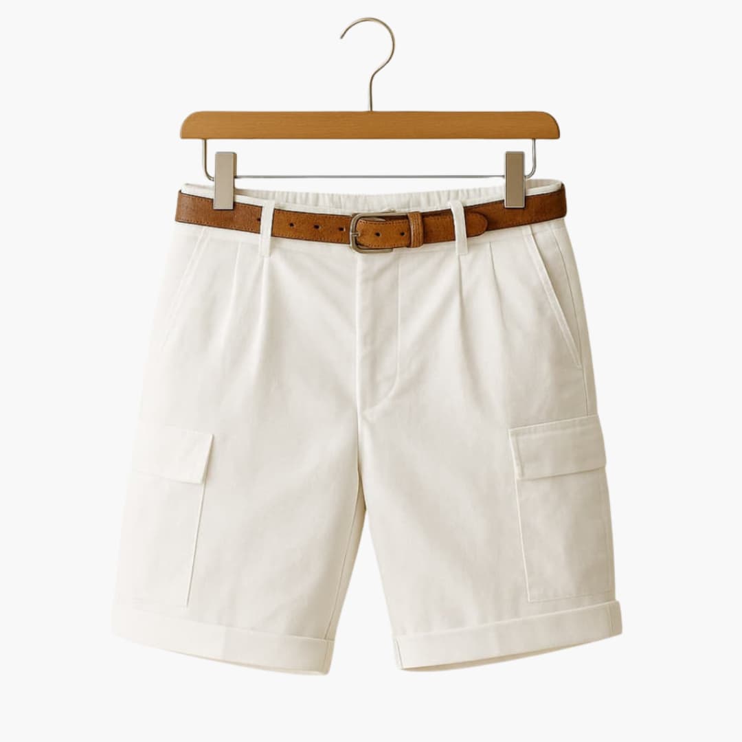 Men's Linen Cargo Shorts Pleated Beige - Fashinoza