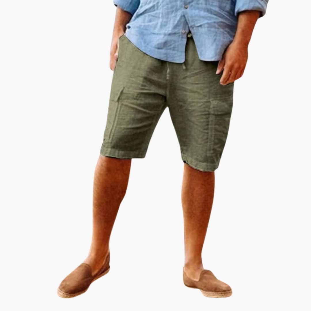 Men's Linen Shorts Zipper Closure Patch Pockets