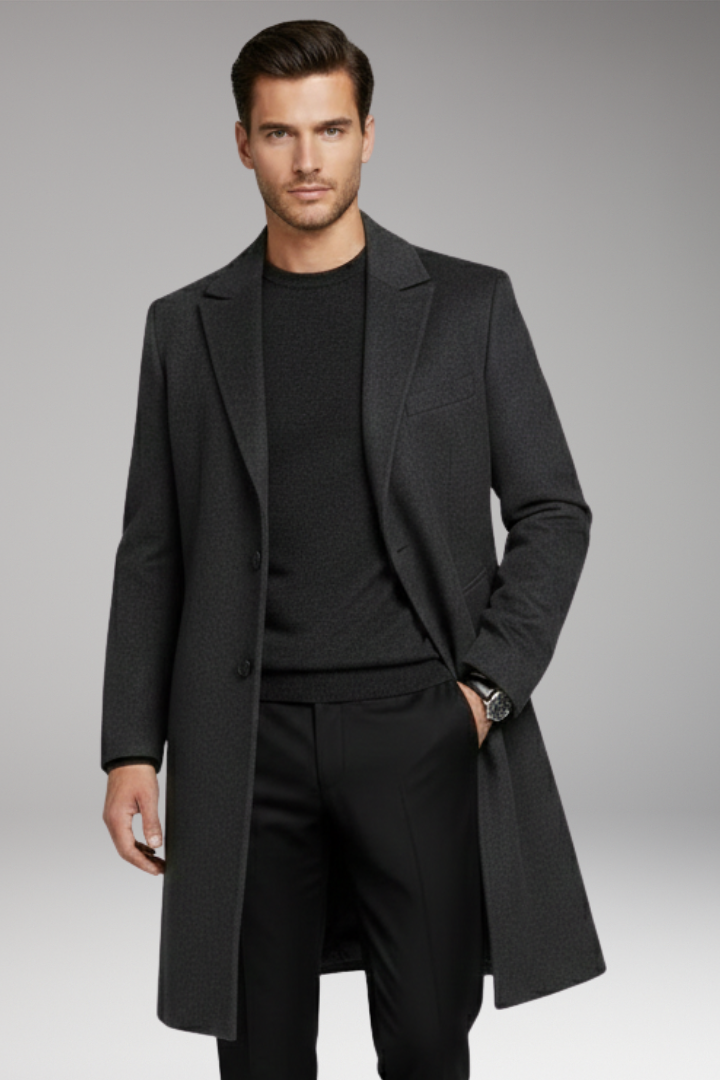 Men's Notched Lapel Long Coat Seam Pockets
