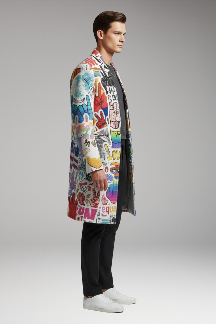 Men's Open Front Printed Long Coat
