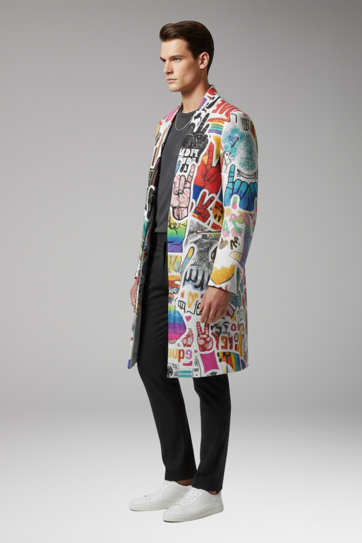 Men's Open Front Printed Long Coat