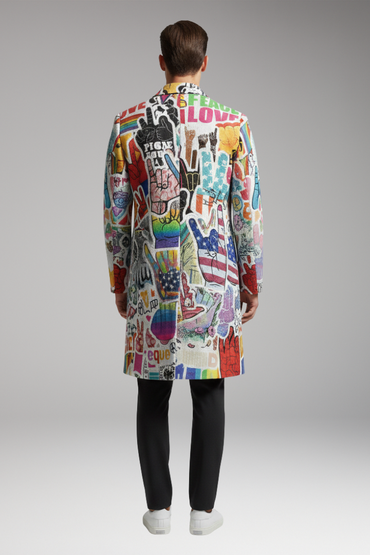 Men's Open Front Printed Long Coat