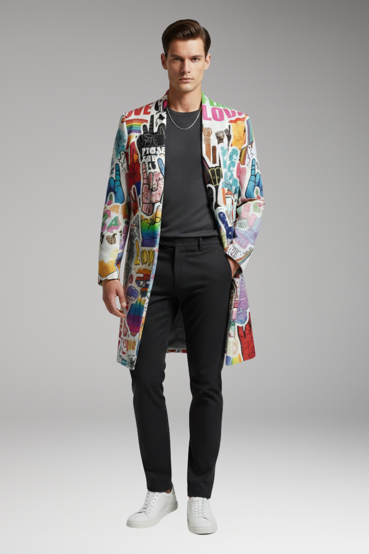 Men's Open Front Printed Long Coat