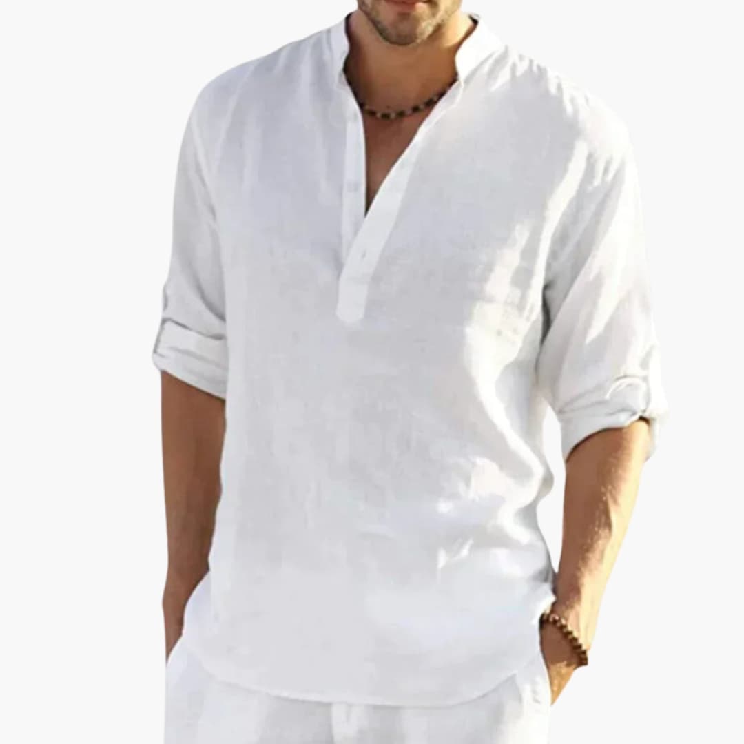 Men's Roll Up Sleeve Shirt Mandarin Collar Cotton - Fashinoza