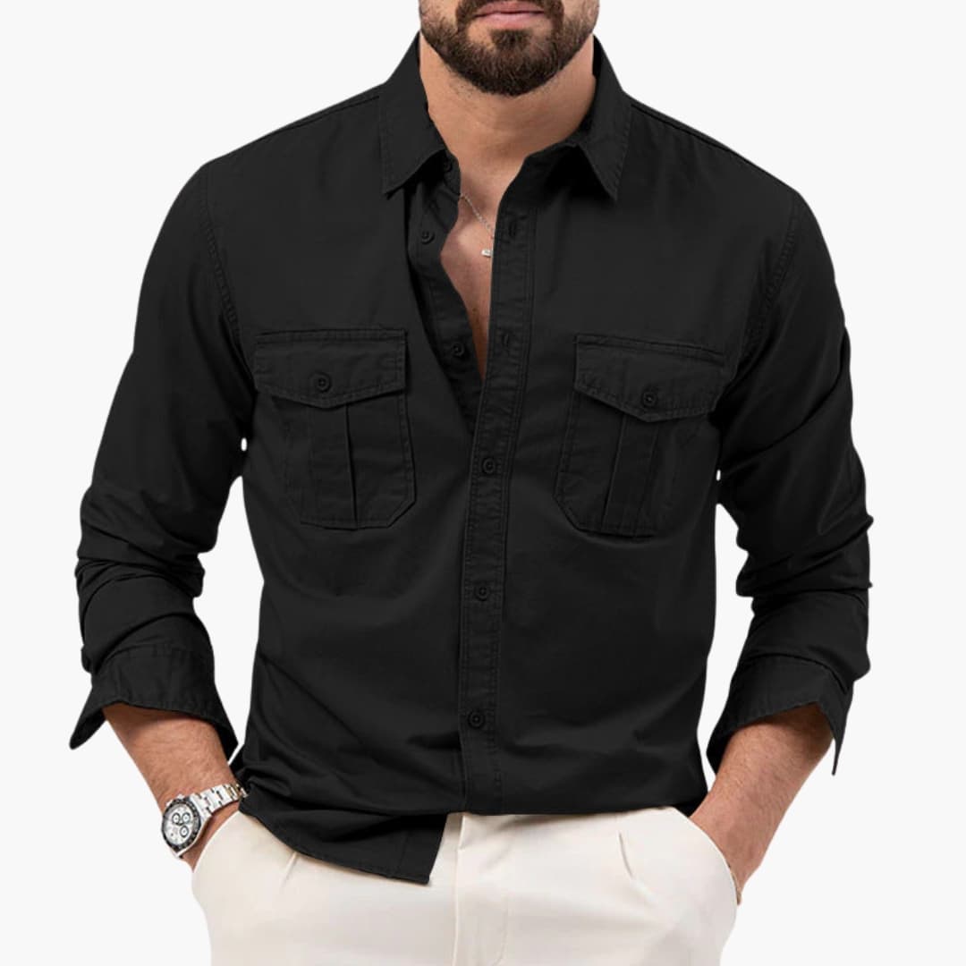 Men's Long Sleeve Button Down Shirt Cotton Two Chest Pockets - Fashinoza
