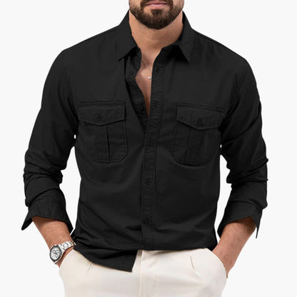 Men's Long Sleeve Button Down Shirt Cotton Two Chest Pockets - Fashinoza