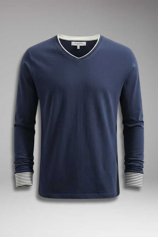 Men's V-Neck Long Sleeve Shirt Contrast Trim - 
Fashinoza