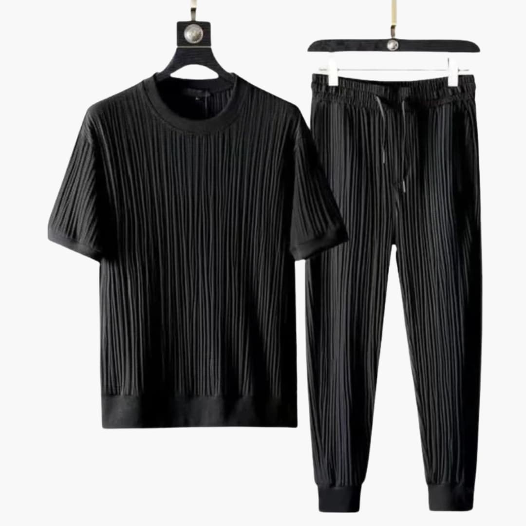 Men's Pleated Jogger Set Short Sleeve T-Shirt Drawstring Pants - Fashinoza