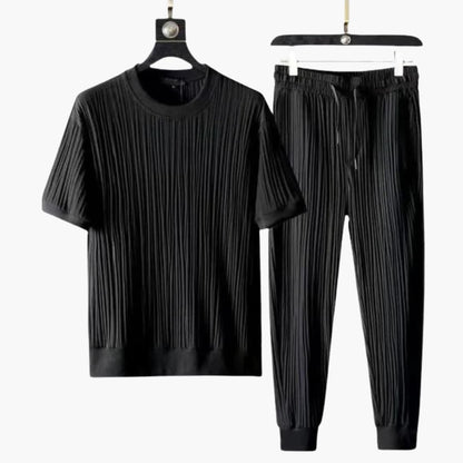 Men's Pleated Jogger Set Short Sleeve T-Shirt Drawstring Pants - Fashinoza