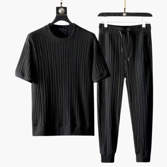 Men's Pleated Jogger Set Short Sleeve T-Shirt Drawstring Pants - Fashinoza
