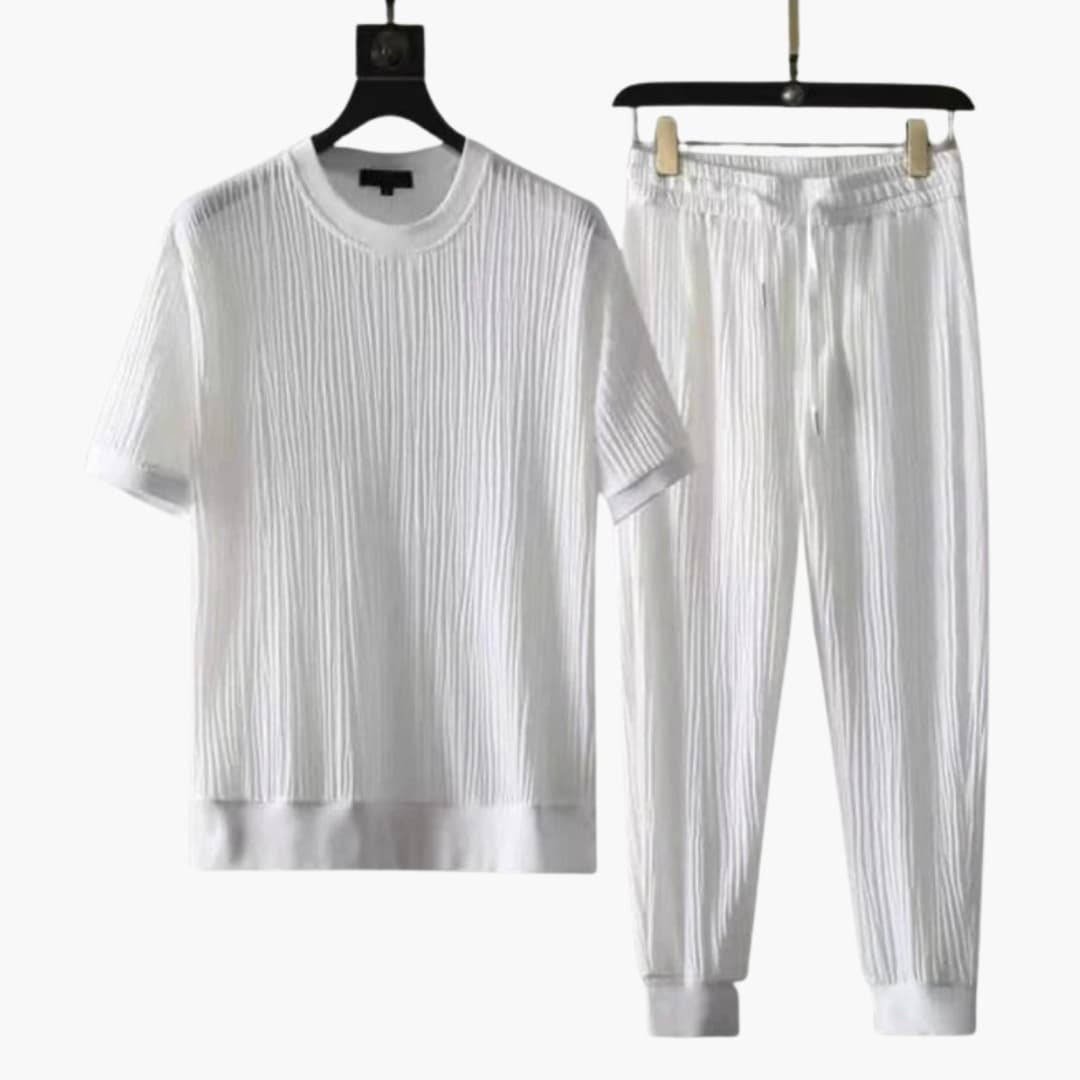 Men's Pleated Jogger Set Short Sleeve T-Shirt Drawstring Pants