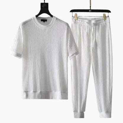 Men's Pleated Jogger Set Short Sleeve T-Shirt Drawstring Pants
