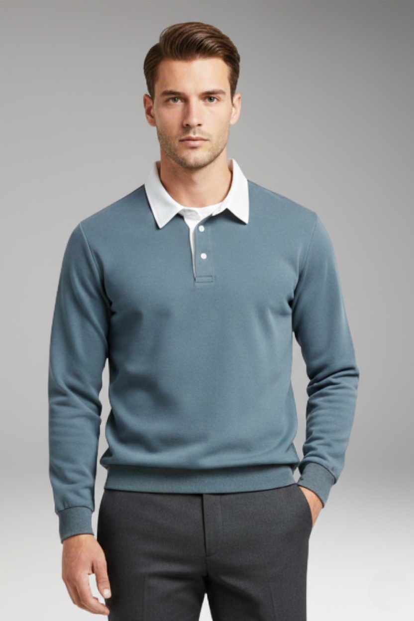 Men's Polo Shirt Button Closure Ribbed Cuffs