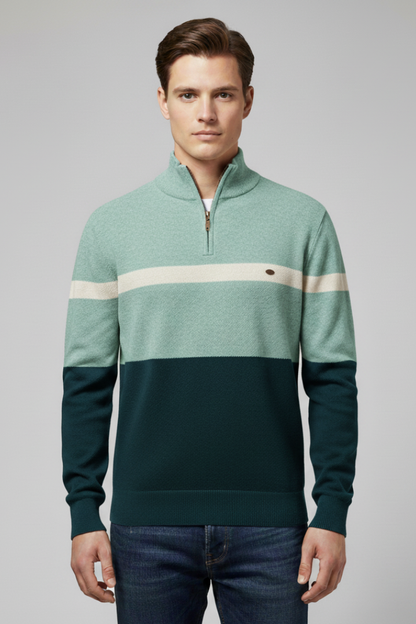 Men's Quarter Zip Sweater Mock Neck Stripe