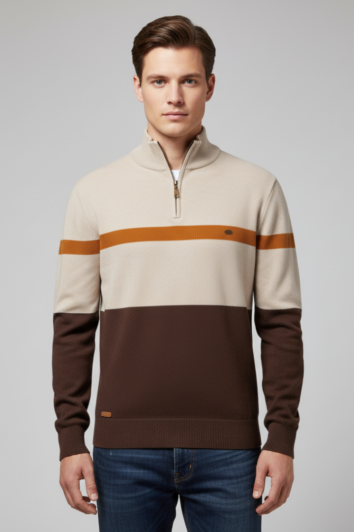 Men's Quarter Zip Sweater Mock Neck Stripe