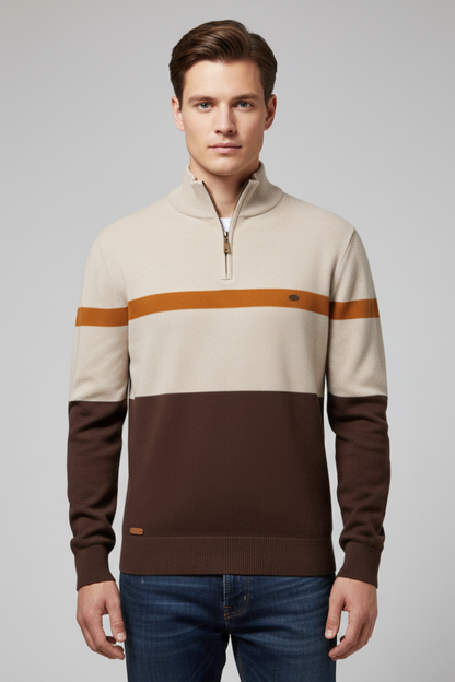 Men's Quarter Zip Sweater Mock Neck Stripe