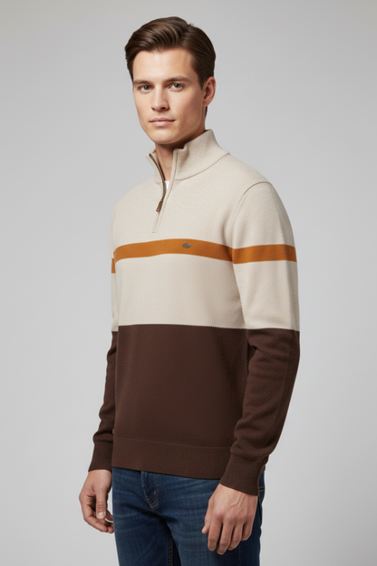 Men's Quarter Zip Sweater Mock Neck Stripe
