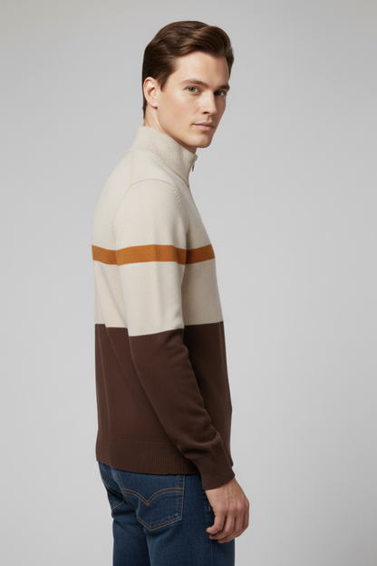 Men's Quarter Zip Sweater Mock Neck Stripe