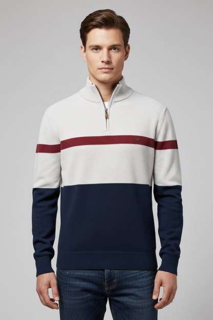 Men's Quarter Zip Sweater Mock Neck Stripe