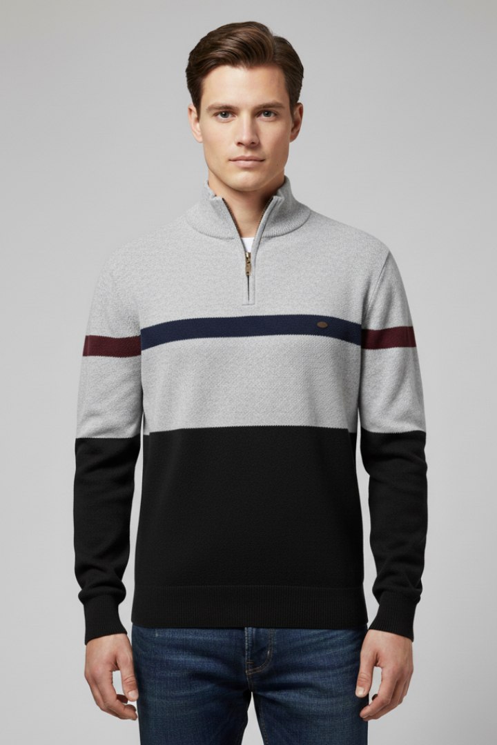 Men's Quarter Zip Sweater Mock Neck Stripe