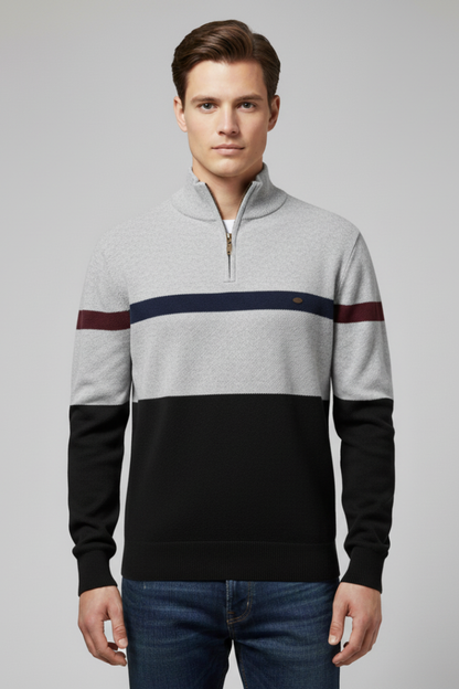 Men's Quarter Zip Sweater Mock Neck Stripe