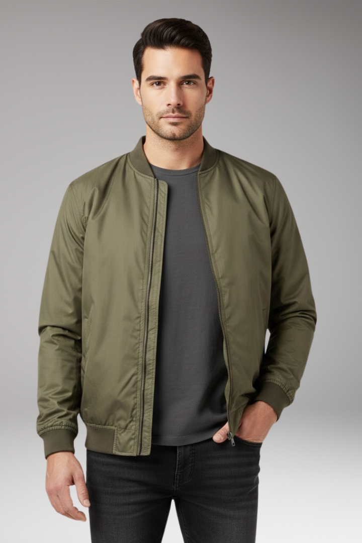 Men's Retro Bomber Jacket Zipper Ribbed Black