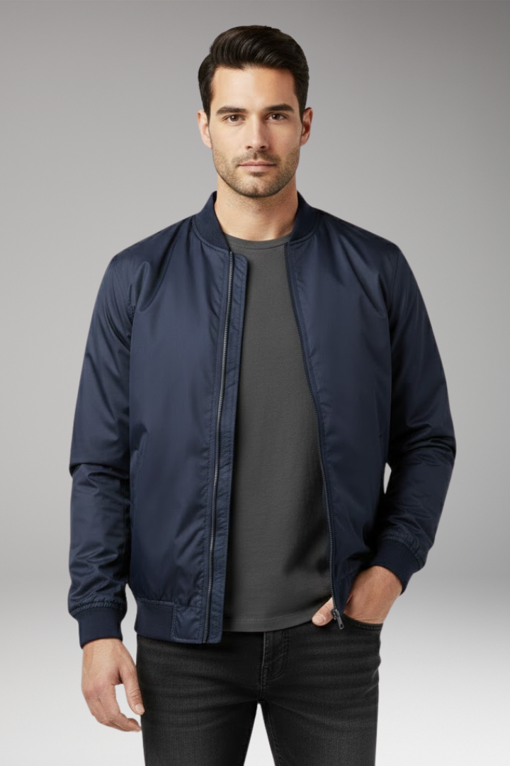 Men's Retro Bomber Jacket Zipper Ribbed Black