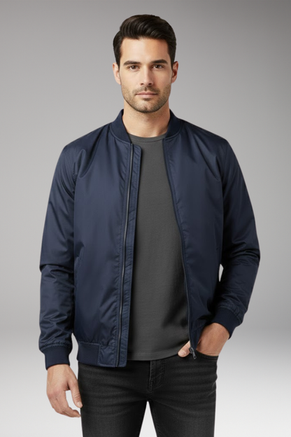 Men's Retro Bomber Jacket Zipper Ribbed Black