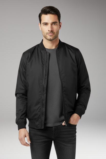Men's Retro Bomber Jacket Zipper Ribbed Black
