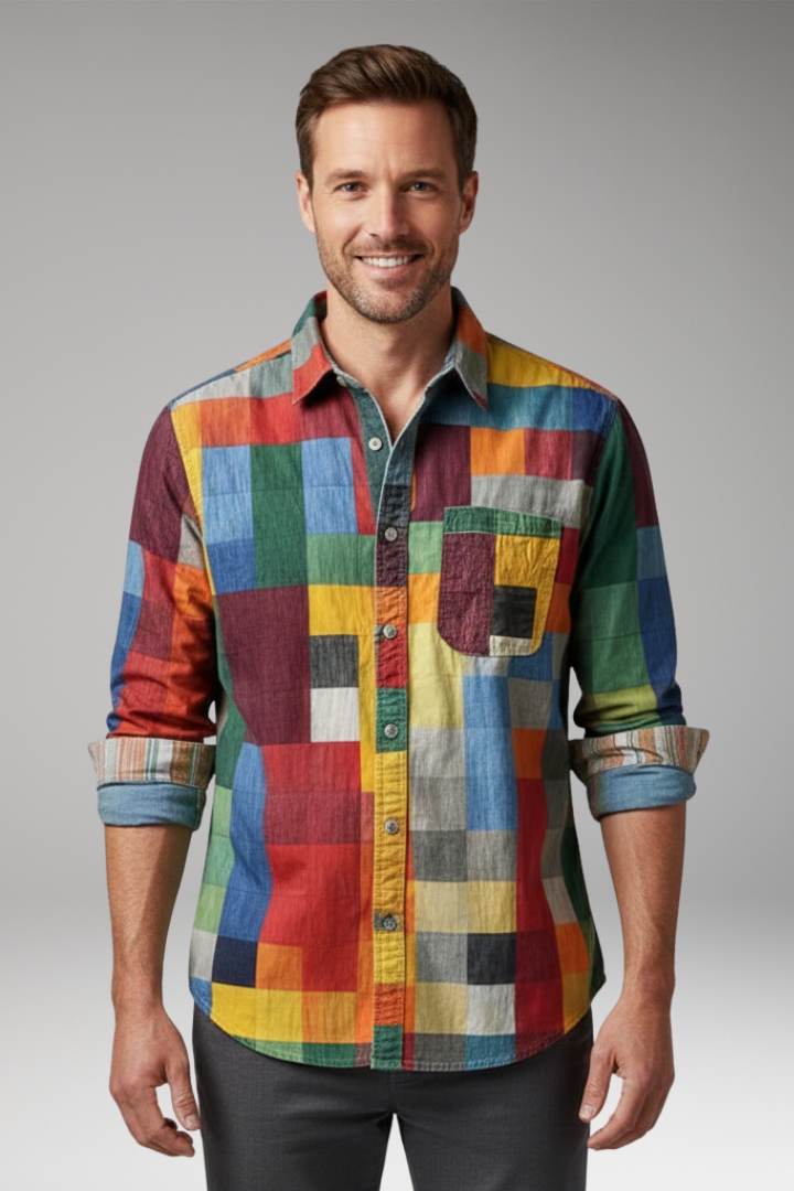 Men's Patchwork Shirt With Chest Pocket