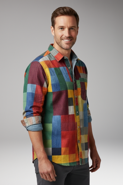 Men's Patchwork Shirt With Chest Pocket
