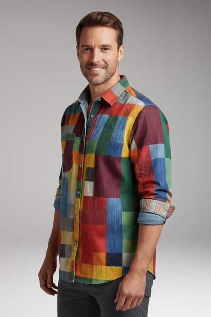 Men's Patchwork Shirt With Chest Pocket