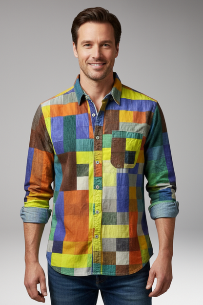 Men's Patchwork Shirt With Chest Pocket