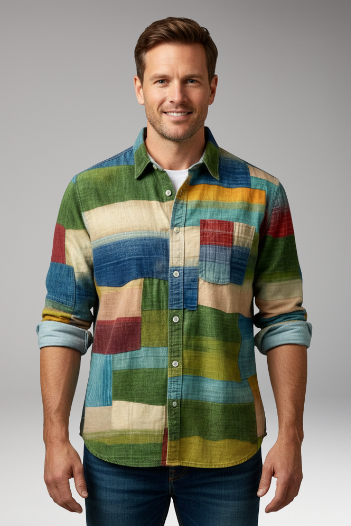 Men's Patchwork Shirt With Chest Pocket