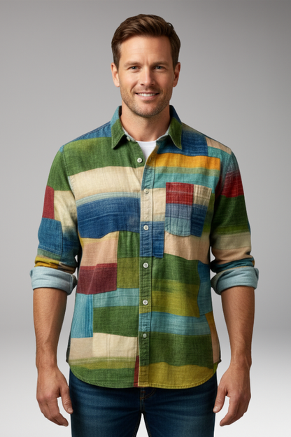 Men's Patchwork Shirt With Chest Pocket