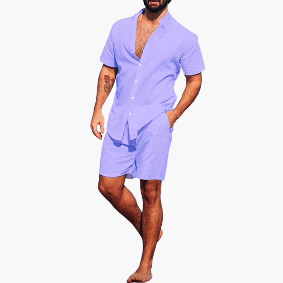 Men's Short Sleeve Shirt And Shorts Set Cotton Summer