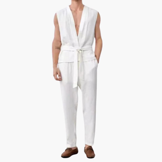 Men's Sleeveless Summer Set V-Neck Belted Pants - Fashinoza
