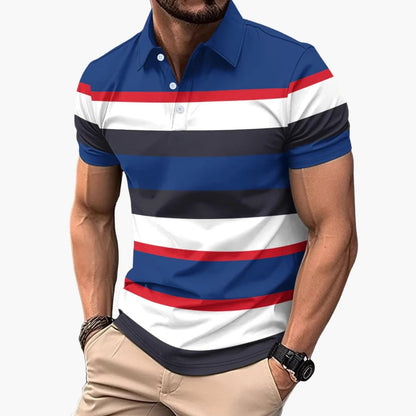 Men's Polo T-Shirt Striped V-Neck Cotton
