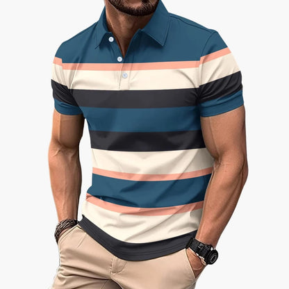 Men's Polo T-Shirt Striped V-Neck Cotton