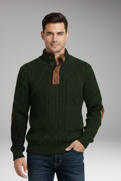 Men's Crew Neck Sweater Elbow Patches Button Front