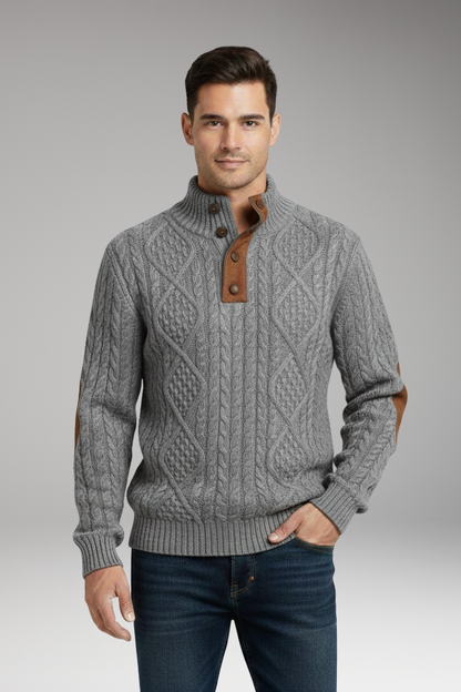 Men's Crew Neck Sweater Elbow Patches Button Front