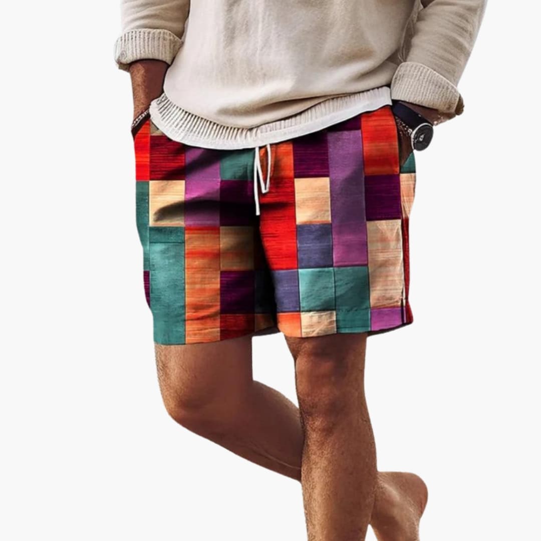 Men's Swim Shorts Elastic Waist Block Pattern - Fashinoza