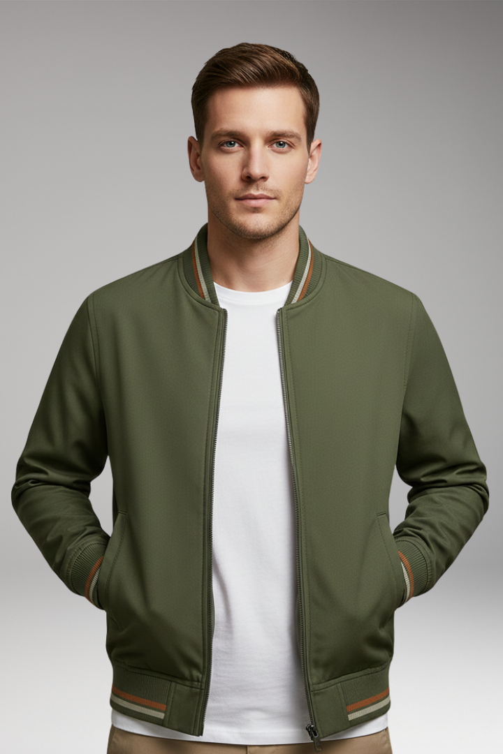 Men's Bomber Jacket Zip Ribbed Trim