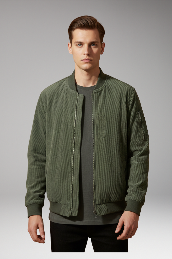 Men's Corduroy Bomber Jacket Utility Pocket Ribbed Trim