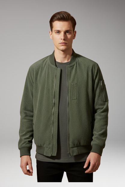 Men's Corduroy Bomber Jacket Utility Pocket Ribbed Trim