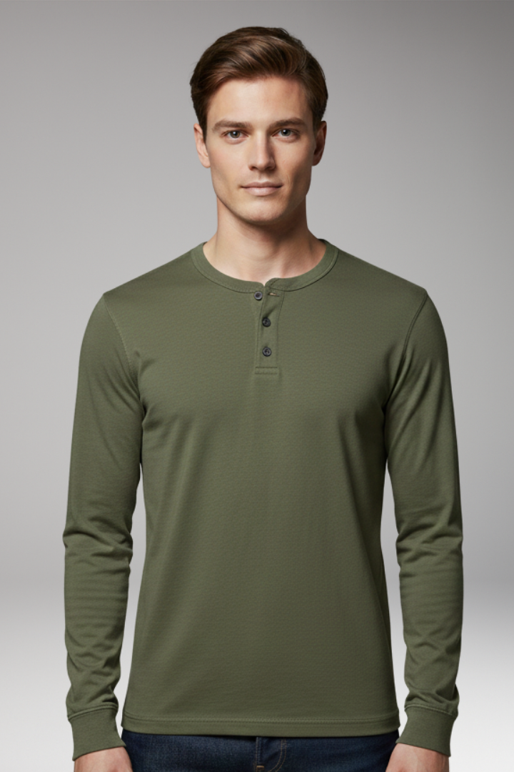 Men's Long Sleeve Henley Shirt Cotton