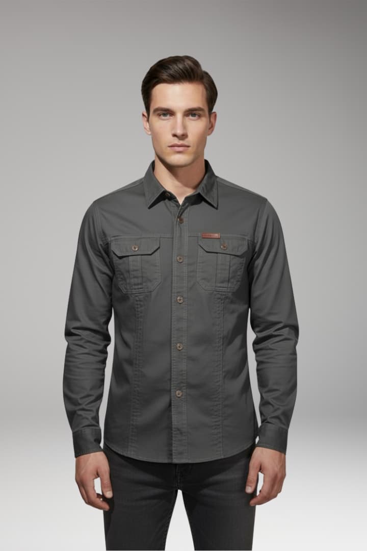 Men's Long Sleeve Cargo Shirt Chest Pockets