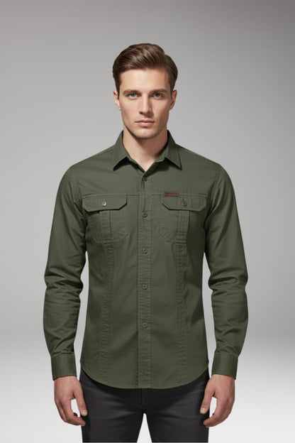 Men's Long Sleeve Cargo Shirt Chest Pockets